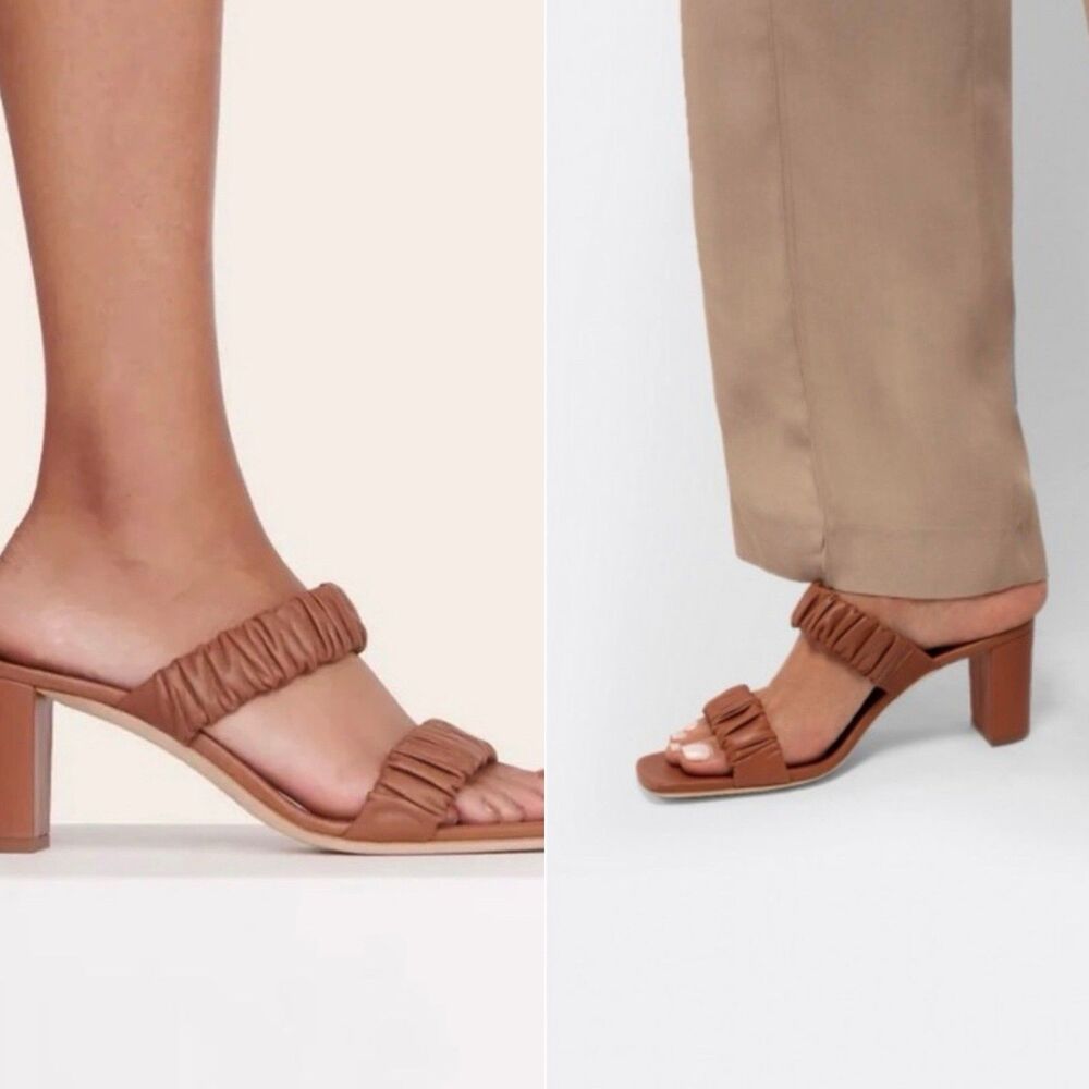 STAUD‎ Women’s Leather Ruched Slide On Sandal Block Heel Brown Sz 40 Minimalist